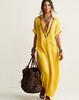 AMARINA Embroidered Linen Maxi Dress - Yellow