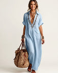 AMARINA Embroidered Linen Maxi Dress - Light Blue