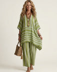 KIARA Striped Cotton-Linen Two-Piece Set - Olive