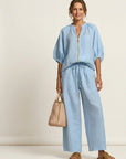MARLOWE Zipper-Front Puff Sleeve Set - Light Blue