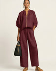 MARLOWE Zipper-Front Puff Sleeve Set - Red