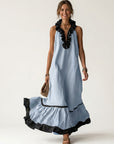 MAYLINE Ruffle-Neck Contrast-Trim Maxi Dress - Sky Blue