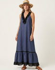 MAYLINE Ruffle-Neck Contrast-Trim Maxi Dress - Blue