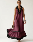 MAYLINE Ruffle-Neck Contrast-Trim Maxi Dress - Burgundy