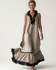 MAYLINE Ruffle-Neck Contrast-Trim Maxi Dress - Beige