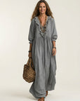 YOSETTA Striped Lantern-Sleeve Maxi Dress - Gray