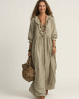 YOSETTA Striped Lantern-Sleeve Maxi Dress - Khaki