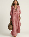 YOSETTA Striped Lantern-Sleeve Maxi Dress - Pink