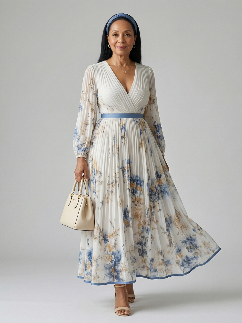 RIELLE Pleated Wrap Midi Dress