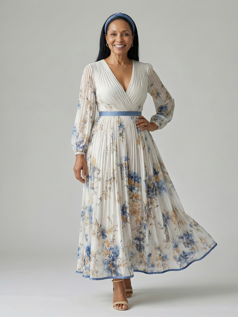RIELLE Pleated Wrap Midi Dress