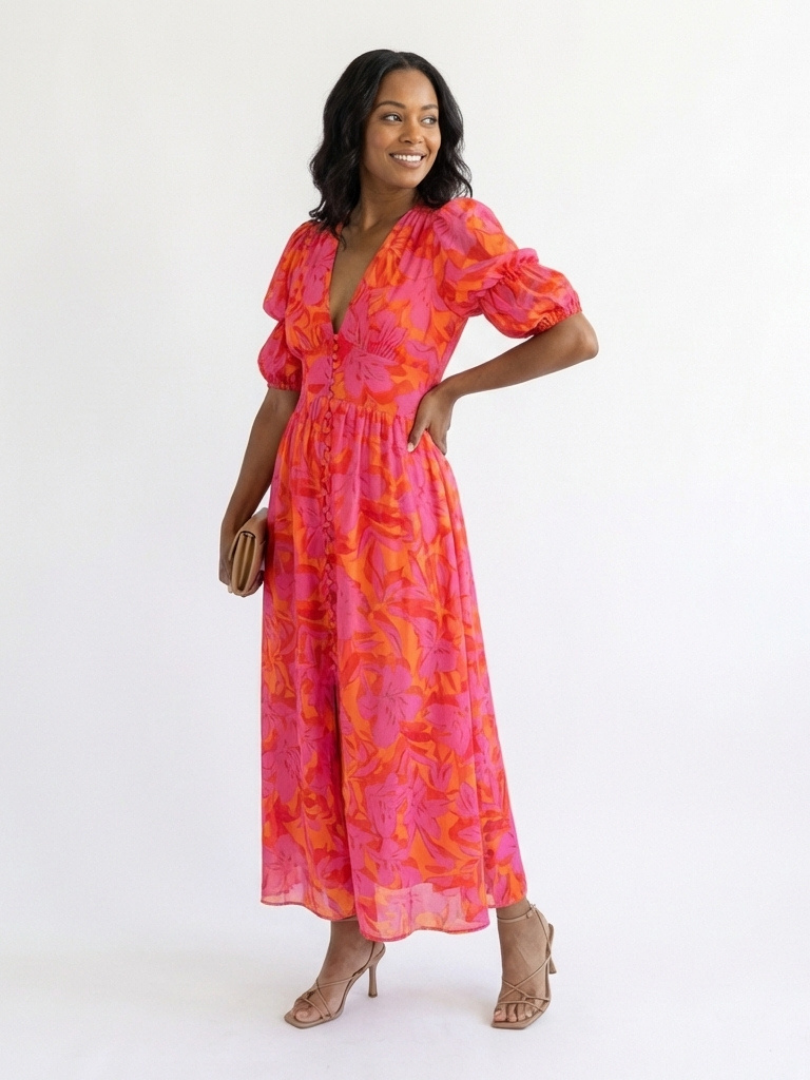 WILLOW Floral Puff Sleeve Midi Dress
