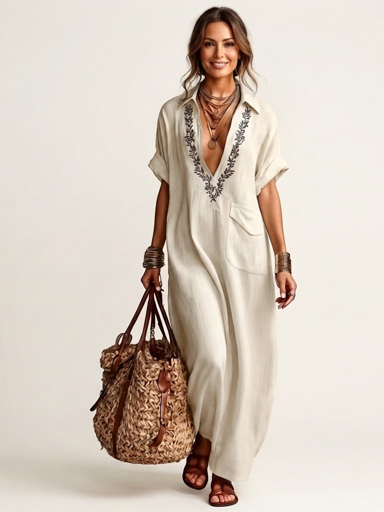 AMARINA Embroidered Linen Maxi Dress - White