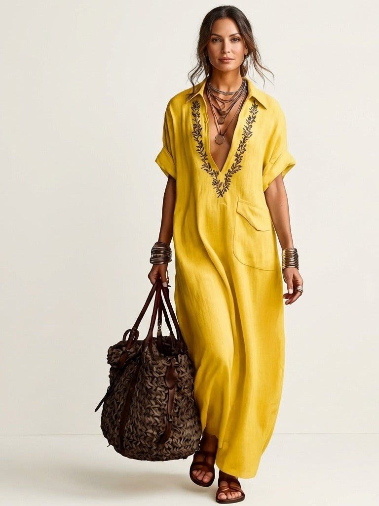 AMARINA Embroidered Linen Maxi Dress - Yellow