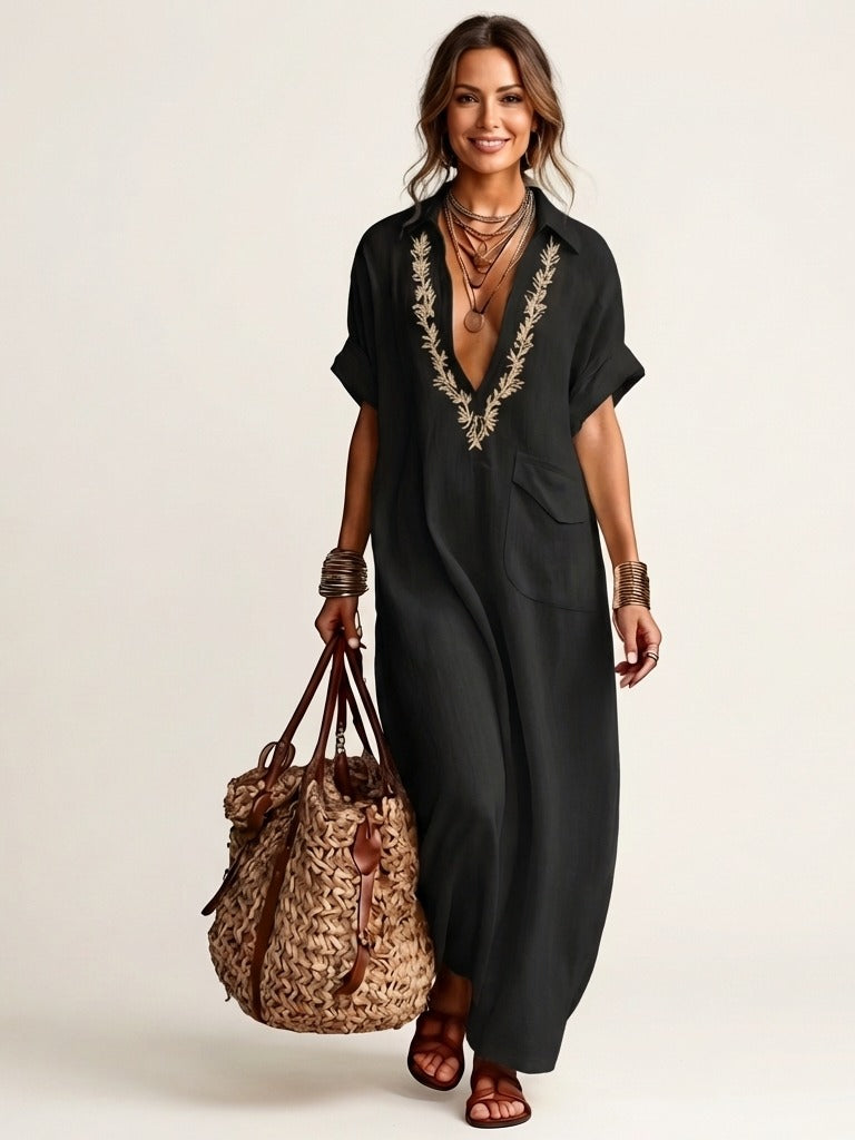 AMARINA Embroidered Linen Maxi Dress - Black