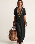 AMARINA Embroidered Linen Maxi Dress - Black