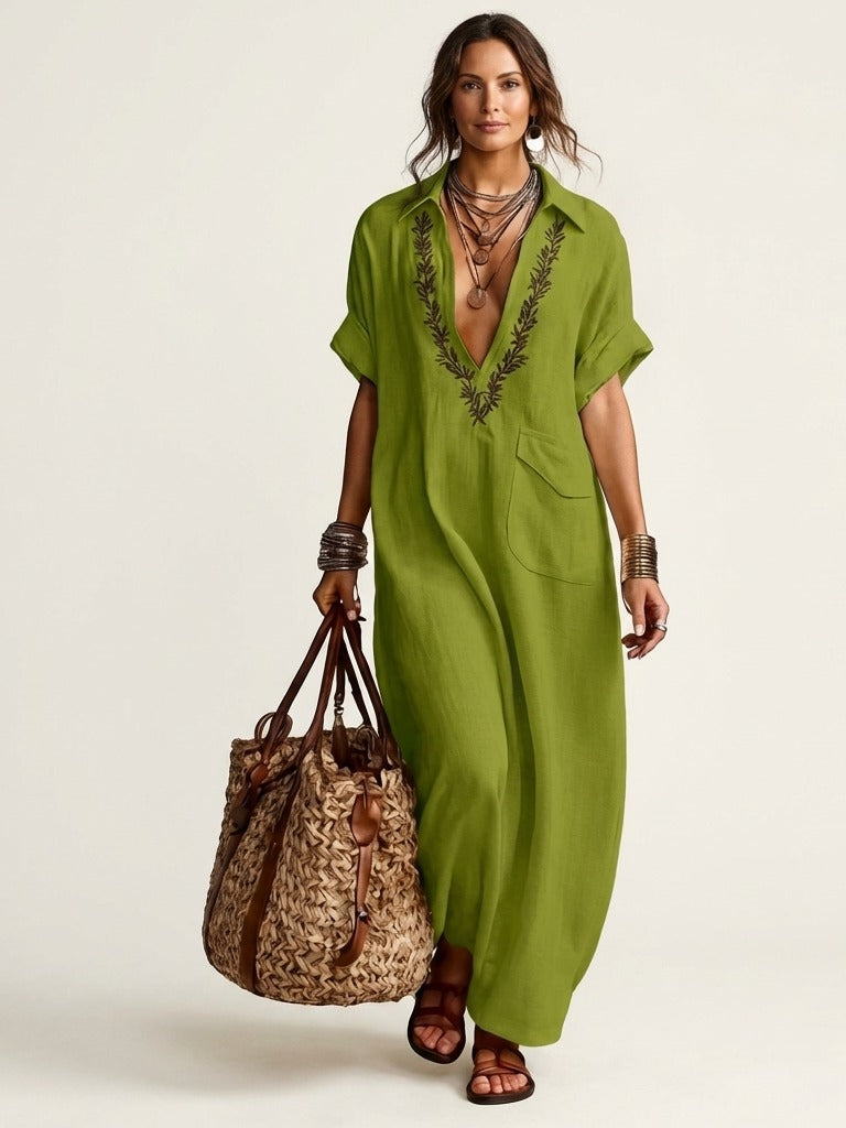AMARINA Embroidered Linen Maxi Dress - Green