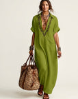 AMARINA Embroidered Linen Maxi Dress - Green