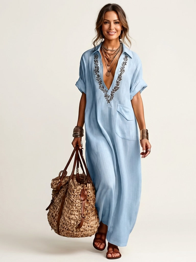 AMARINA Embroidered Linen Maxi Dress - Light Blue