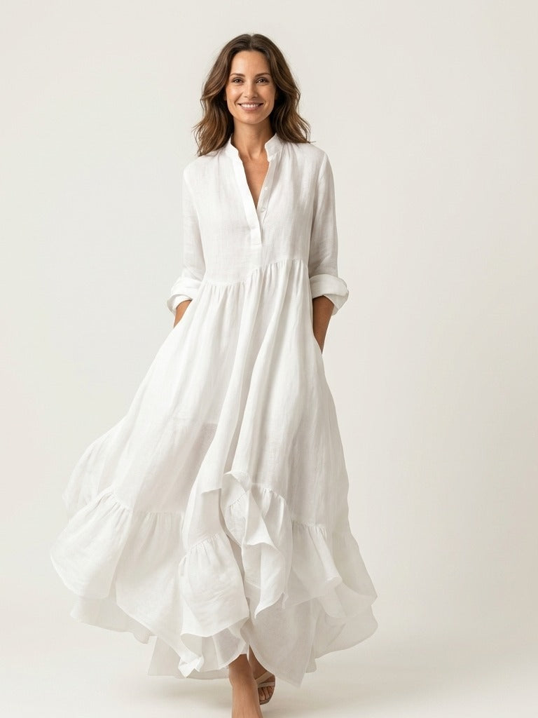JILANA Stand-Collar Ruffle Hem Maxi Dress - White