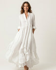 JILANA Stand-Collar Ruffle Hem Maxi Dress - White