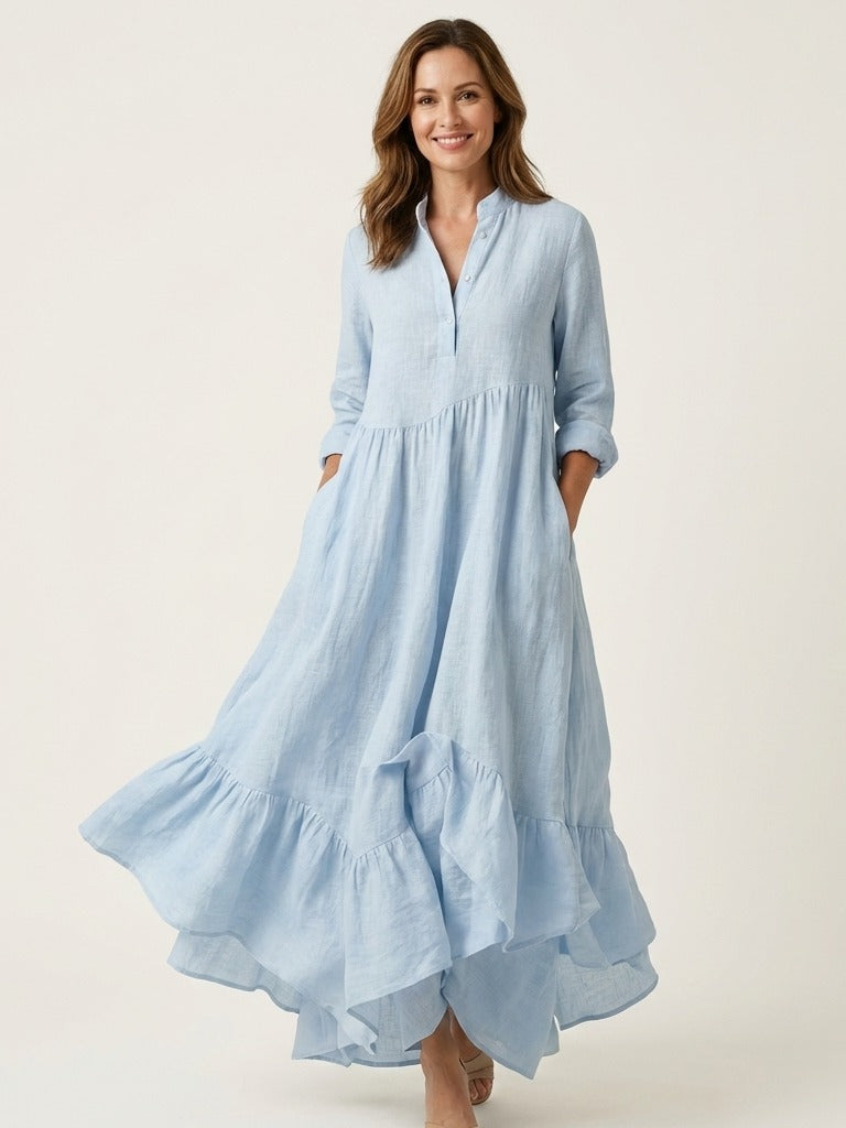 JILANA Stand-Collar Ruffle Hem Maxi Dress - Light Blue