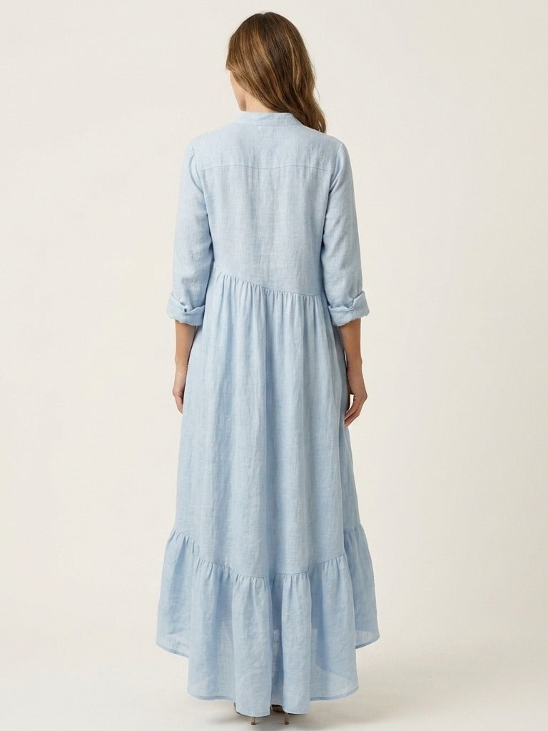 JILANA Stand-Collar Ruffle Hem Maxi Dress