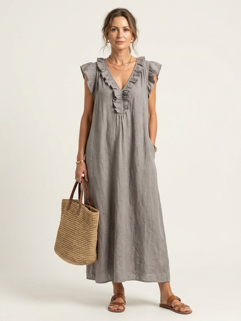 JOSETTE Ruffle V-Neck Maxi Dress - Gray