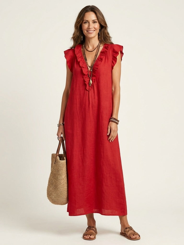 JOSETTE Ruffle V-Neck Maxi Dress - Red