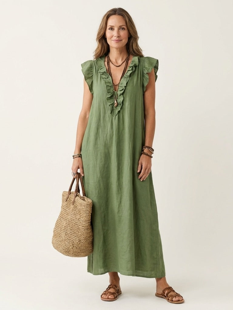 JOSETTE Ruffle V-Neck Maxi Dress - Green