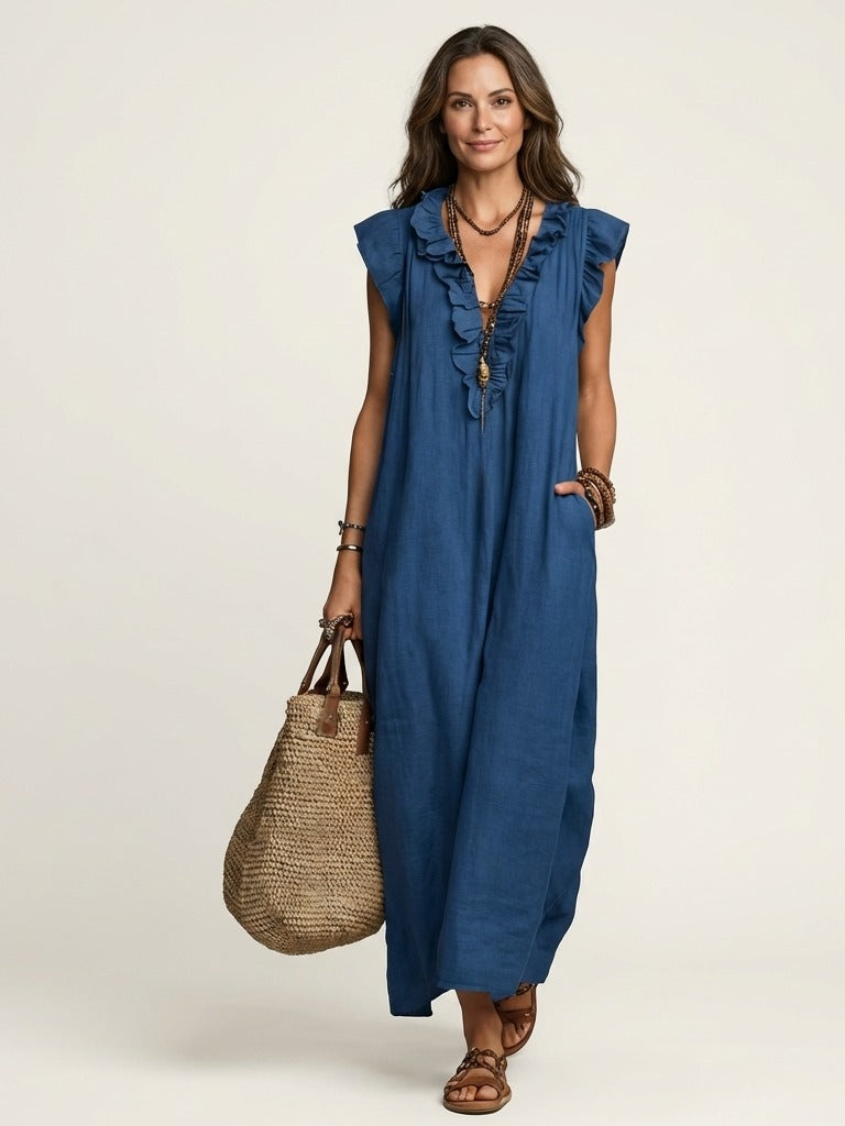 JOSETTE Ruffle V-Neck Maxi Dress - Blue