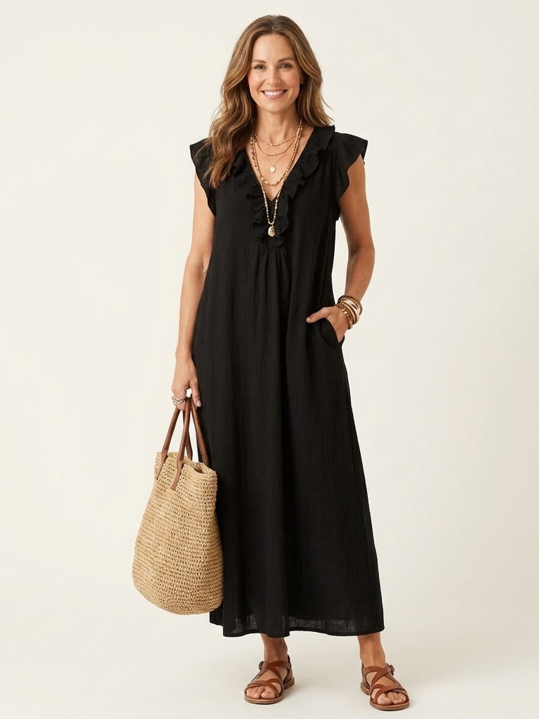 JOSETTE Ruffle V-Neck Maxi Dress - Black