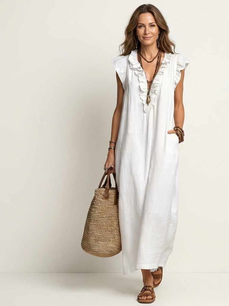 JOSETTE Ruffle V-Neck Maxi Dress - White