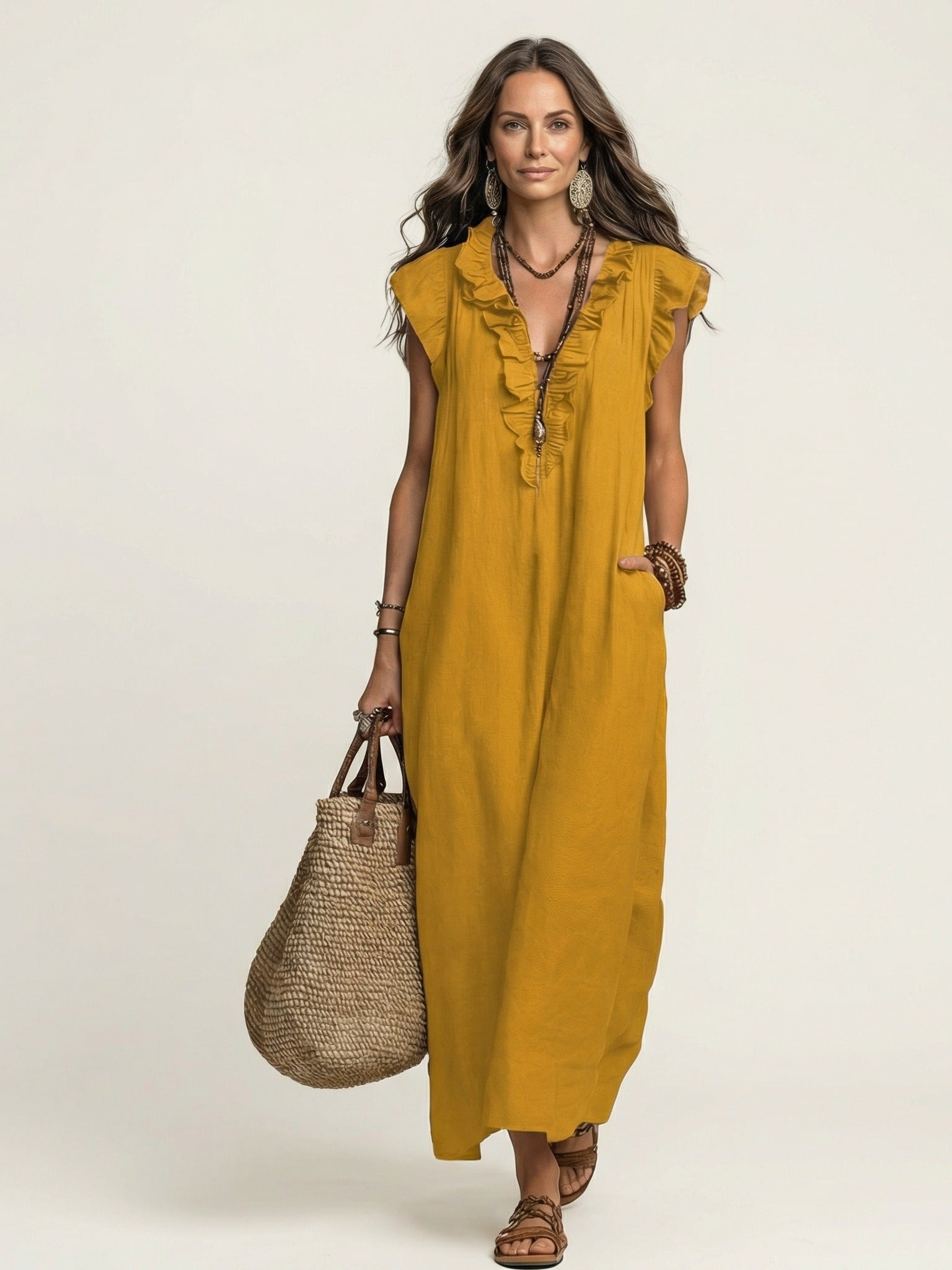 JOSETTE Ruffle V-Neck Maxi Dress - Yellow