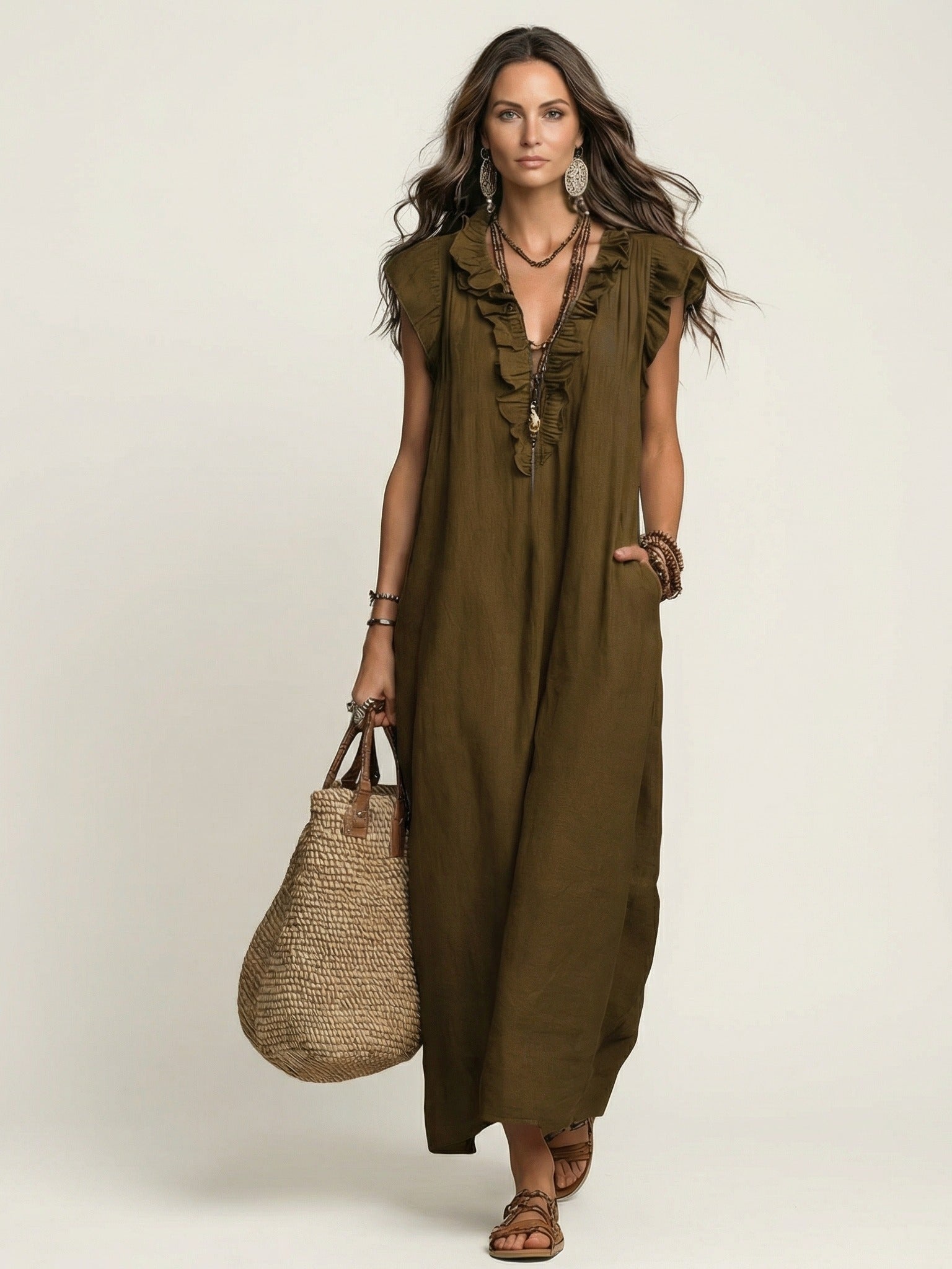 JOSETTE Ruffle V-Neck Maxi Dress - Brown