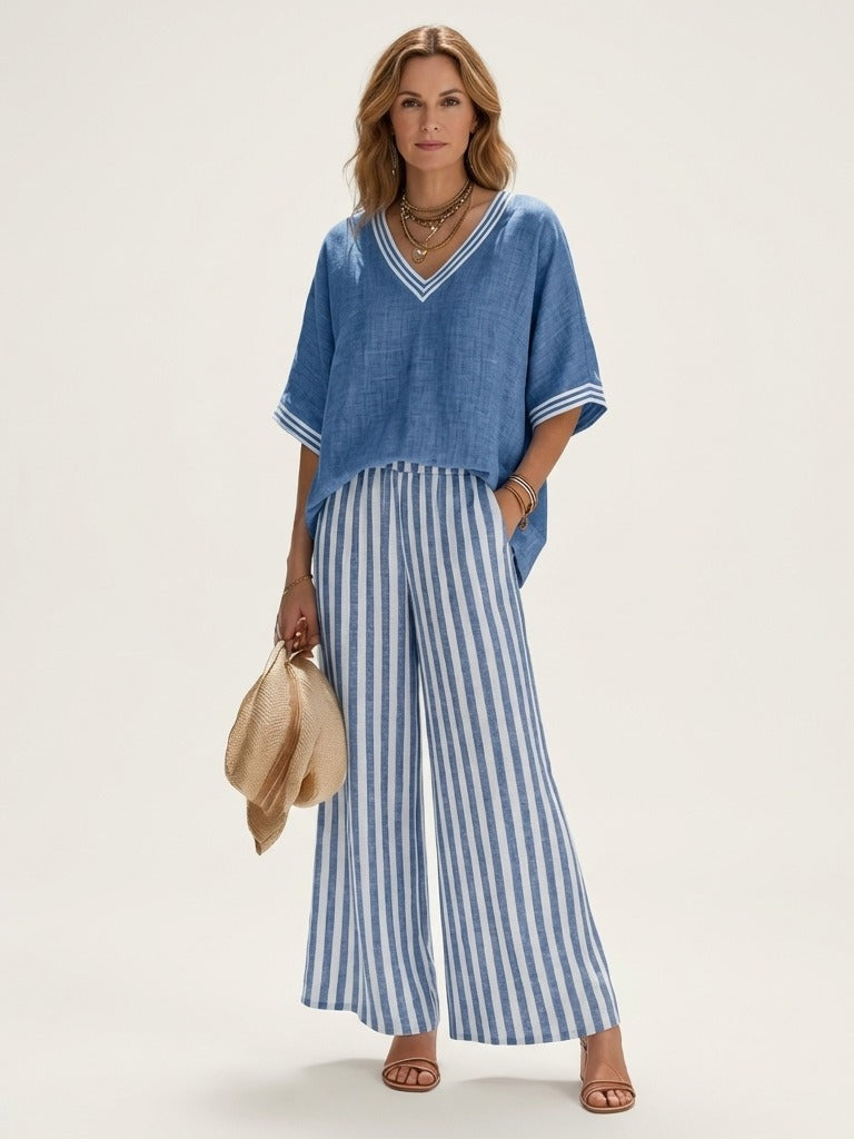JULIANA V-Neck Top &amp; Wide-Leg Set - Blue