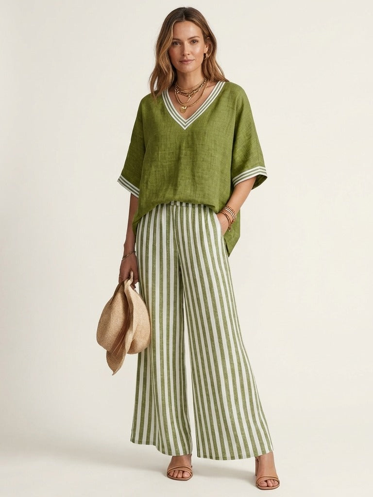 JULIANA V-Neck Top &amp; Wide-Leg Set - Green