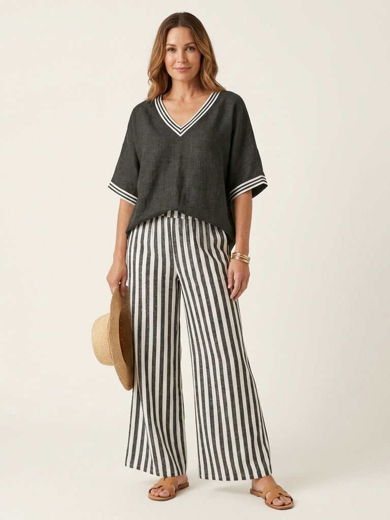 JULIANA V-Neck Top &amp; Wide-Leg Set - Black
