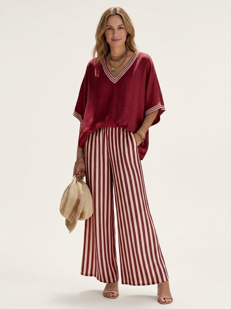 JULIANA V-Neck Top &amp; Wide-Leg Set - Red