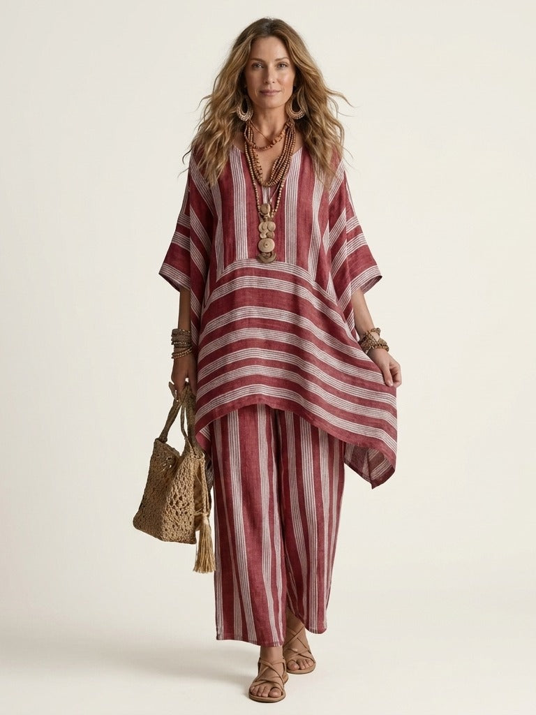 KIARA Striped Cotton-Linen Two-Piece Set - Red
