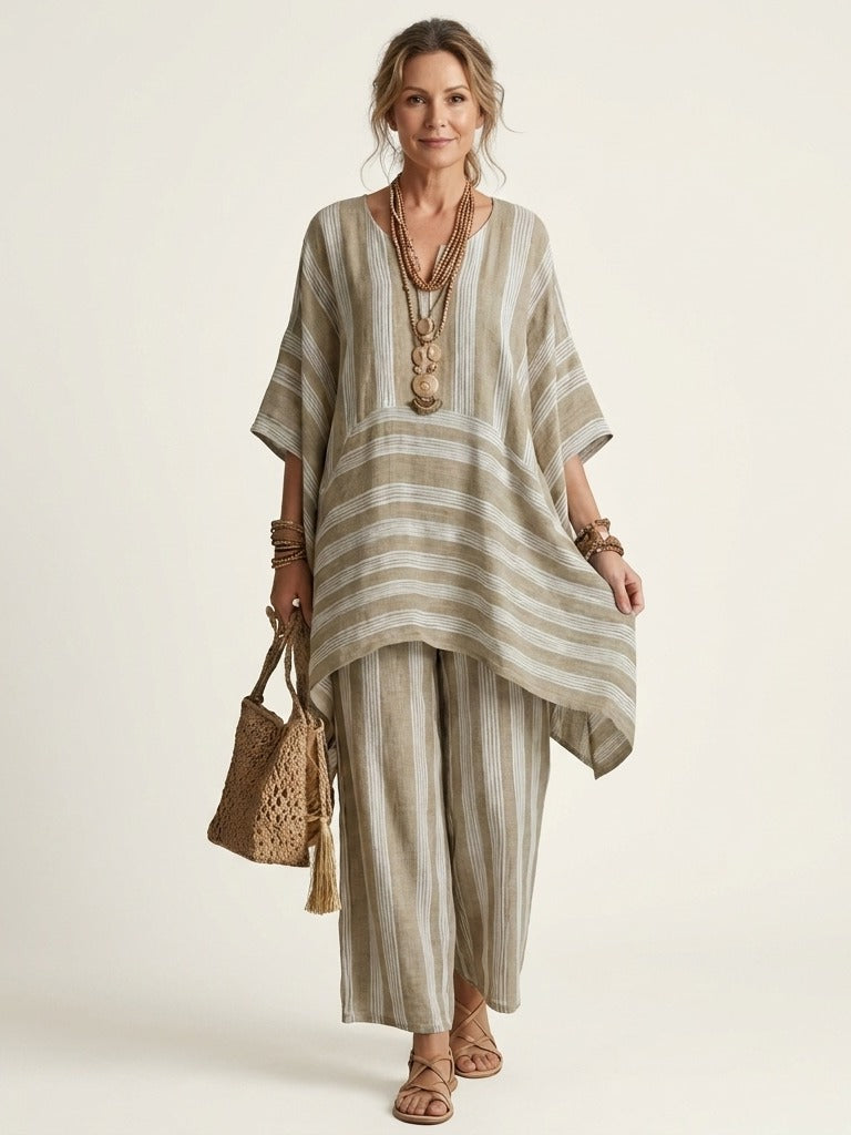 KIARA Striped Cotton-Linen Two-Piece Set - Khaki
