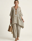 KIARA Striped Cotton-Linen Two-Piece Set - Khaki