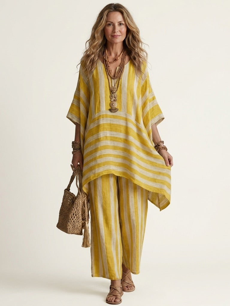 KIARA Striped Cotton-Linen Two-Piece Set - Yellow