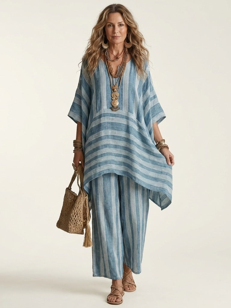 KIARA Striped Cotton-Linen Two-Piece Set - Blue