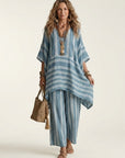 KIARA Striped Cotton-Linen Two-Piece Set - Blue