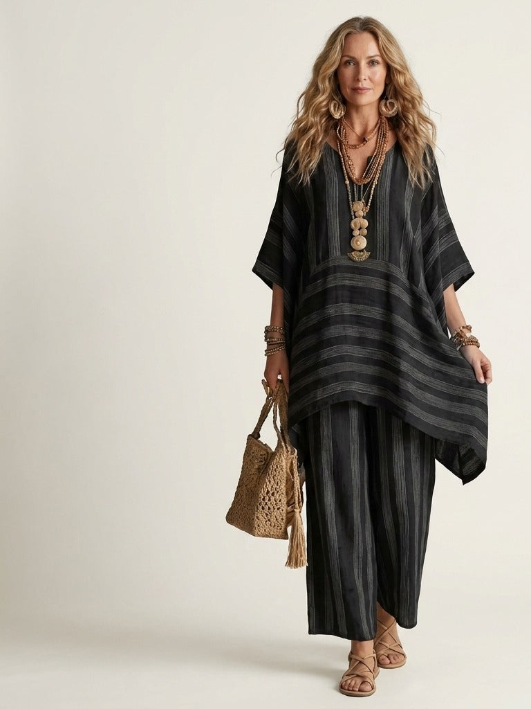 KIARA Striped Cotton-Linen Two-Piece Set - Black