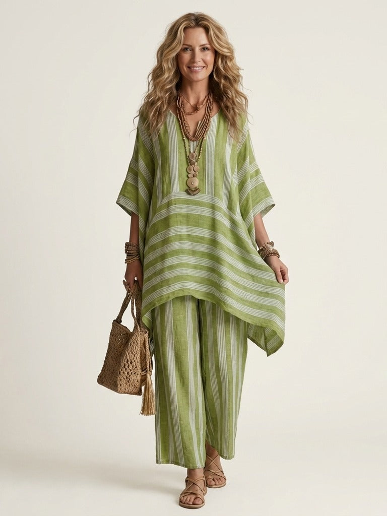 KIARA Striped Cotton-Linen Two-Piece Set - Olive