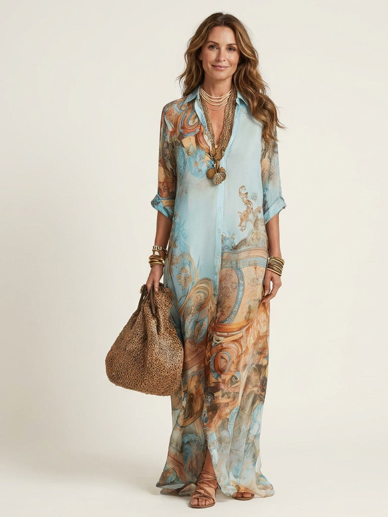 LANIE Silk Maxi Shirt Dress - Blue