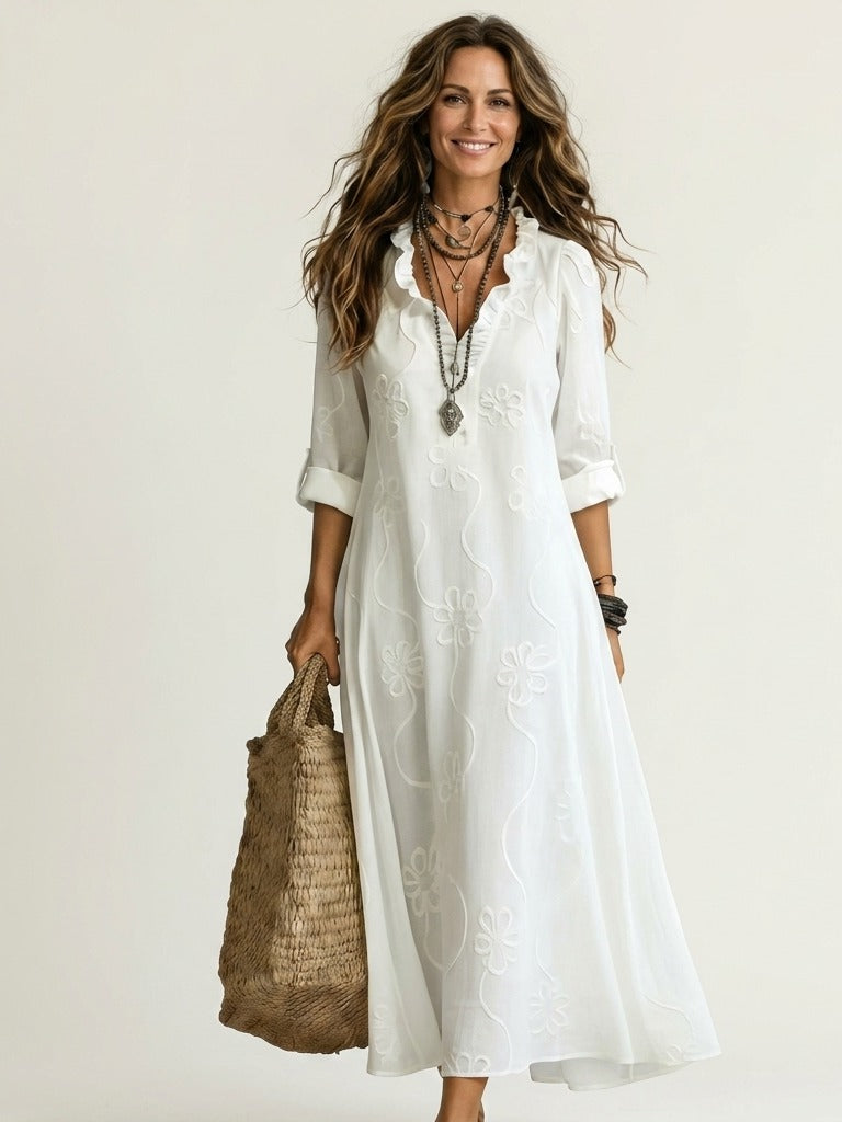 MARIAM Cotton-Linen Embroidered Maxi Dress - White