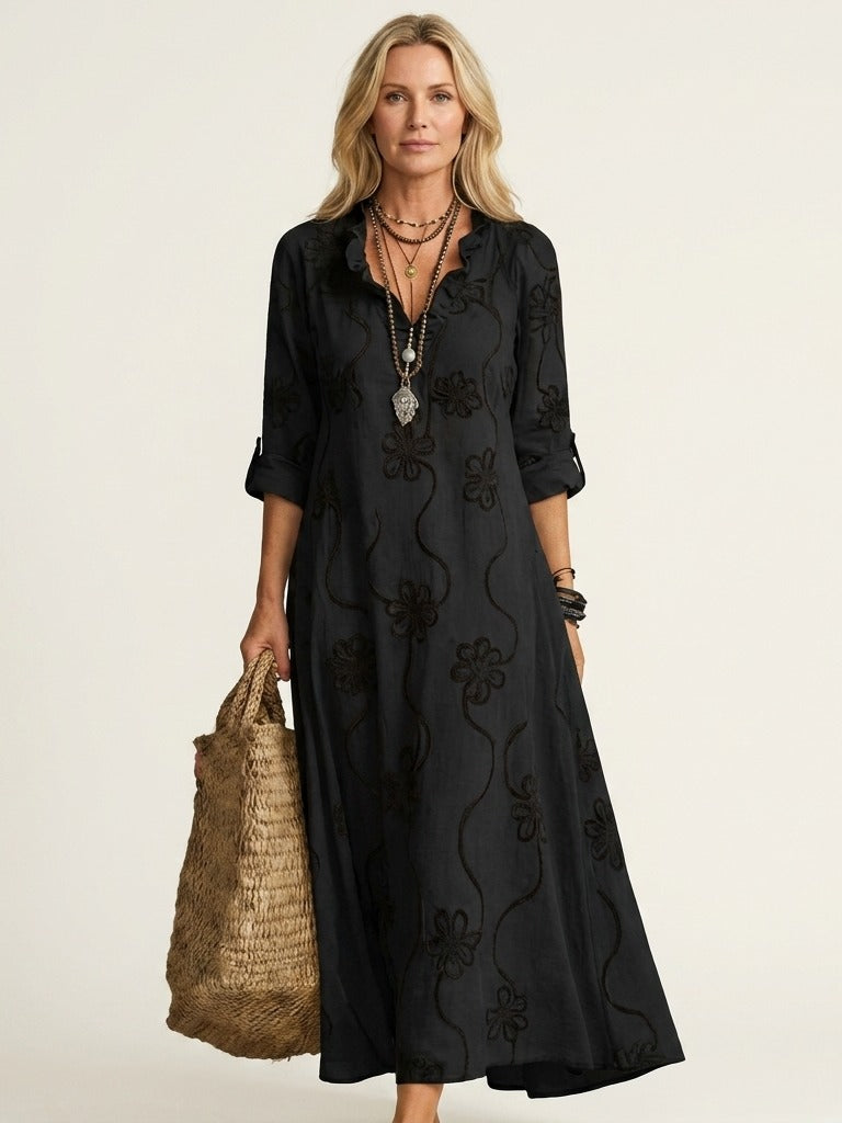 MARIAM Cotton-Linen Embroidered Maxi Dress - Black