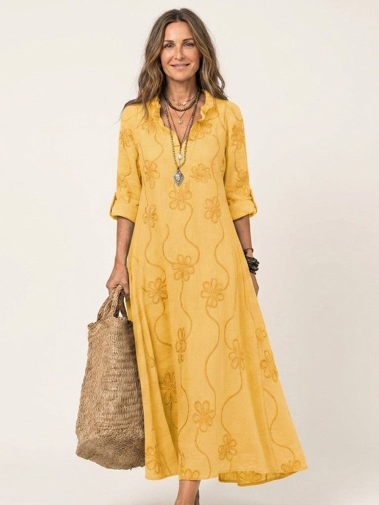 MARIAM Cotton-Linen Embroidered Maxi Dress - Yellow